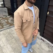 MDB Erkek Diagonal Kumaş Cepli Çıtçıtlı Uzun Kollu, Gömlek Oversize Rahat Kalıp Günlük Şık til  Bej thumbnail 4