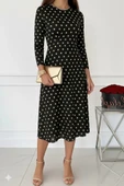 MDB Kadın Uzun Kollu Bisiklet Yaka Puantiyeli örme Krep Midi Elbise thumbnail 3