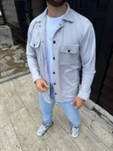 MDB Erkek Diagonal Kumaş Cepli Çıtçıtlı Uzun Kollu, Gömlek Oversize Rahat Kalıp Günlük Şık til  Gri thumbnail 4