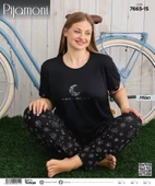 Pijamoni Kadın Milan Büyük Beden Bisiklet Yaka Kısa Kol İnce Pijama Takımı 7665/15 - 1 Adet  Siyah 3XL thumbnail 2