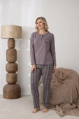 Lindros Kadın Pamuk'lu Düğme Yaka Raporlu İnterlok KIŞLIK Pijama Takımı 05162 - 1 Adet   S - M Füme thumbnail 3