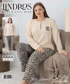 Lindros Kadın Pamuk'lu Düğme Yaka Raporlu İnterlok KIŞLIK Battal Pijama Takımı 05160 - 1 Adet   Ekru 5XL thumbnail 3