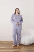Lindros Kadın Pamuk'lu Düğme Yaka Raporlu İnterlok KIŞLIK Battal Pijama Takımı 05113 - 1 Adet   5XL Lila thumbnail 4