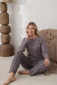 Lindros Kadın Pamuk'lu Düğme Yaka Raporlu İnterlok KIŞLIK Pijama Takımı 05162 - 1 Adet   S - M Füme thumbnail 5