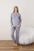 Lindros Kadın Pamuk'lu Düğme Yaka Raporlu İnterlok KIŞLIK Pijama Takımı 05020 - 1 Adet   L Lila thumbnail 1