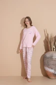 Lindros Kadın Pamuk'lu Düğme Yaka Raporlu İnterlok KIŞLIK Pijama Takımı 05033 - 1 Adet   S - M Pembe thumbnail 2