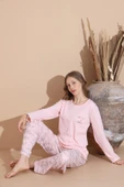 Lindros Kadın Pamuk'lu Düğme Yaka Raporlu İnterlok KIŞLIK Pijama Takımı 05033 - 1 Adet   S - M Pembe thumbnail 5