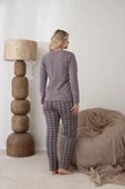 Lindros Kadın Pamuk'lu Düğme Yaka Raporlu İnterlok KIŞLIK Pijama Takımı 05162 - 1 Adet   S - M Füme thumbnail 4