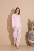 Lindros Kadın Pamuk'lu Düğme Yaka Raporlu İnterlok KIŞLIK Pijama Takımı 05033 - 1 Adet   S - M Pembe thumbnail 3