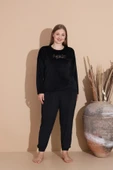Boyraz Kadın KIŞLIK Fransız Kadife Büyük Beden Bisiklet Yaka Uzun Kol Pijama Takımı 03134 - 1 Adet  4XL Siyah thumbnail 5