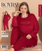 Boyraz Kadın KIŞLIK Fransız Kadife Büyük Beden Bisiklet Yaka Uzun Kol Pijama Takımı 03130 - 1 Adet  Kırmızı 3XL thumbnail 2