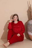 Boyraz Kadın KIŞLIK Fransız Kadife Büyük Beden Bisiklet Yaka Uzun Kol Pijama Takımı 03130 - 1 Adet  2XL Kırmızı thumbnail 3