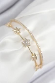 Pirinç Zirkon Taşlı Yıldız Model Gold Renk Kadın Bileklik - TJ-BB7877 - 1