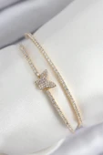 Pirinç Zirkon Taşlı Kelebek Model Gold Renk Kadın Bileklik - TJ-BB7891 - 1