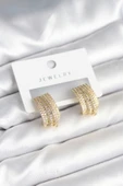 Zirkon Taşlı Şerit Model Gold Renk Pirinç Kadın Küpe - TJ-BKP11282 - 1