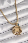 316L Çelik Gold Renk İtalyan Zincir Dorika Yonca Model Nazar Boncuk Detay Kadın Kolye - TJ-BKO9875 - 1