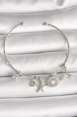 Pirinç Gümüş Renk Sallantı Zirkon Taşlı Deniz Yıldız Figür Balık Kuyruğu Detay Charm Kadın Bileklik - TJ-BB6909 - 1