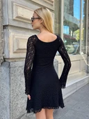 Kadın Siyah Dantelli Uzun Kollu Kalp Yaka Mini Abiye Elbise Güpür Kumaş Vücudu Saran - 5