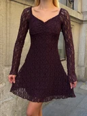 Kadın Siyah Dantelli Uzun Kollu Kalp Yaka Mini Abiye Elbise Güpür Kumaş Vücudu Saran - 12