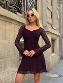 Kadın Siyah Dantelli Uzun Kollu Kalp Yaka Mini Abiye Elbise Güpür Kumaş Vücudu Saran - 10