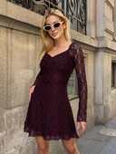 Kadın Siyah Dantelli Uzun Kollu Kalp Yaka Mini Abiye Elbise Güpür Kumaş Vücudu Saran - 9