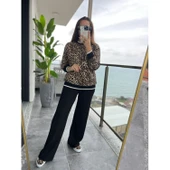 Lucky Life Kadın Uzun Kollu Bisiklet Yaka Leopar Desenli Iki Iplik Bluz Ve Viskon Iki Iplik Pantolon Ikili Takım thumbnail 11