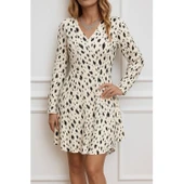 Lucky Life Lucky Life Kadın Uzun Kollu V Yakalı Desenli Kısa Keten Elbise - 5