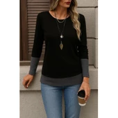 Lucky Life Kadın Uzun Kollu Açık Yuvarlak Yaka Blok Renkli Viskon Bluz - 3