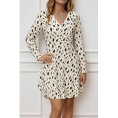 Lucky Life Lucky Life Kadın Uzun Kollu V Yakalı Desenli Kısa Keten Elbise - 2