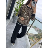 Lucky Life Kadın Uzun Kollu Bisiklet Yaka Leopar Desenli Iki Iplik Bluz Ve Viskon Iki Iplik Pantolon Ikili Takım thumbnail 13