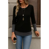 Lucky Life Kadın Uzun Kollu Açık Yuvarlak Yaka Blok Renkli Viskon Bluz - 4