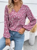 Lucky Life Lucky Life Kadın Uzun Kollu V Yakalı çiçek Desenli Modal Bluz thumbnail 4