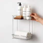 İki Katlı Krom Banyo Şampuanlık Kare Tasarım Çift Kat Duş Rafı Paslanmaz Metal Duvar Organizeri thumbnail 6