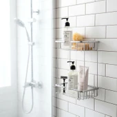 İki Katlı Krom Banyo Şampuanlık Kare Tasarım Çift Kat Duş Rafı Paslanmaz Metal Duvar Organizeri thumbnail 4