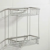 İki Katlı Krom Banyo Şampuanlık Kare Tasarım Çift Kat Duş Rafı Paslanmaz Metal Duvar Organizeri thumbnail 1