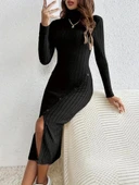 MDB Kadın Uzun Kollu Balıkçı Yaka Yırtmaçlı Düğmeli şardonlu Kaşkorse Elbise thumbnail 1