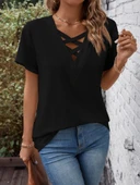 Kadın Kısa Kollu önden çapraz Detay V Yakalı Viskon Bluz thumbnail 4