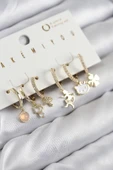 Pirinç Zirkon Taşlı Hello Kity Ve Yonca Model Gold Renk 6'lı Küpe Set - TJ-BKP11206 - 1