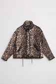 Kadın Leopar Desenli Kapitone Crop Şişme Mont Dik Yaka Kısa Kışlık Puffer Ceket thumbnail 6