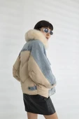 Kadın Kürk Yakalı Kot Ceket Şişme Puffer Detaylı Oversize Kışlık Denim Mont thumbnail 6