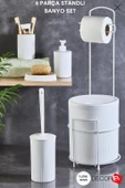 Decorev 6 Parça Metal Standlı Banyo Seti – 7 Litre Çöp Kovası, Tuvalet Kağıtlığı, Sabunluk, Fırçalık ve Sıvı Sabunluk DC-6762 thumbnail 1