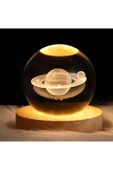 Ledli USB'li Ahşap Standlı Satürn Küre Temalı Kristal Küre Gün Işığı 3D Oda Masa ve Gece Lambası thumbnail 2