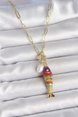 İnci Detaylı Zirkon Taşlı Rainbow Balık Figürlü Gold Renk Pirinç Kolye - TJ-BKO10215 - 1