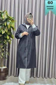 Kadın Tesettür Giyim Büyük Beden Fransız Boy Mevsimlik Trençkot thumbnail 10