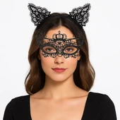 Parti Gecesi Siyah Dantel Maske ve Taç Seti 9 No - 1