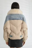 Kadın Kürk Yakalı Kot Ceket Şişme Puffer Detaylı Oversize Kışlık Denim Mont thumbnail 7