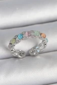 Pirinç Gümüş Renk Renkli Mineli Ayarlanabilir Kadın Yüzük - TJ-BYK3746 - 1