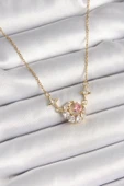 316L Çelik Gold Renk Zirkon Taşlı Hilal Pembe Kalp Model Kadın Kolye - TJ-BKO9932 - 1