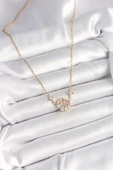 316L Çelik Gold Renk Zirkon Taşlı Hilal Pembe Kalp Model Kadın Kolye - TJ-BKO9932 - 2