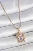 316L Çelik Gold Renk Zincir Mor Mineli Çiçek İşlemeli Zirkon Taşlı Kelebek Detay Portre Model Kadın Kolye - TJ-BKO10190 - 1